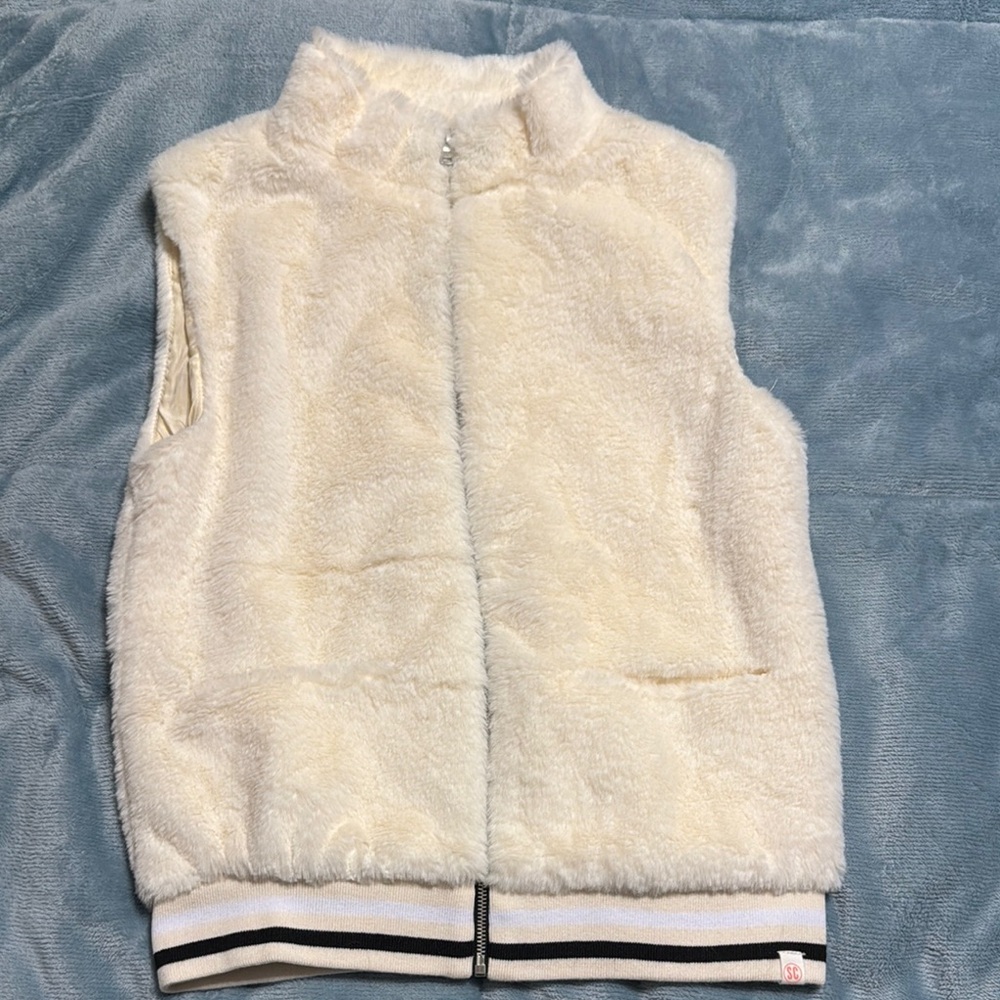 Fuzzy Ivory Vest with Striped Hem